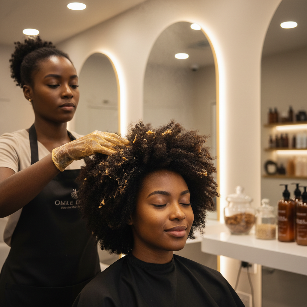 Femme aux cheveux afro recevant un masque hydratant dans un salon de coiffure