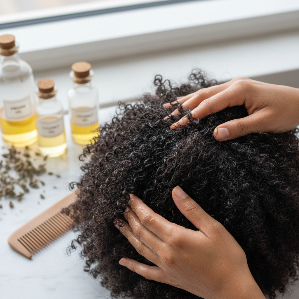 Application d'huile naturelle sur cheveux afro pour les réparer et les nourrir