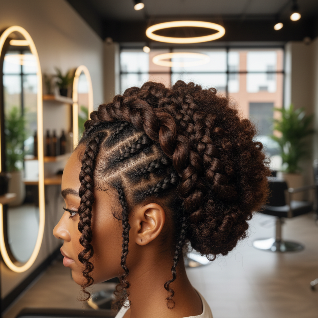 Cheveux afro coiffés en tresses protectrices dans un salon de coiffure professionnel