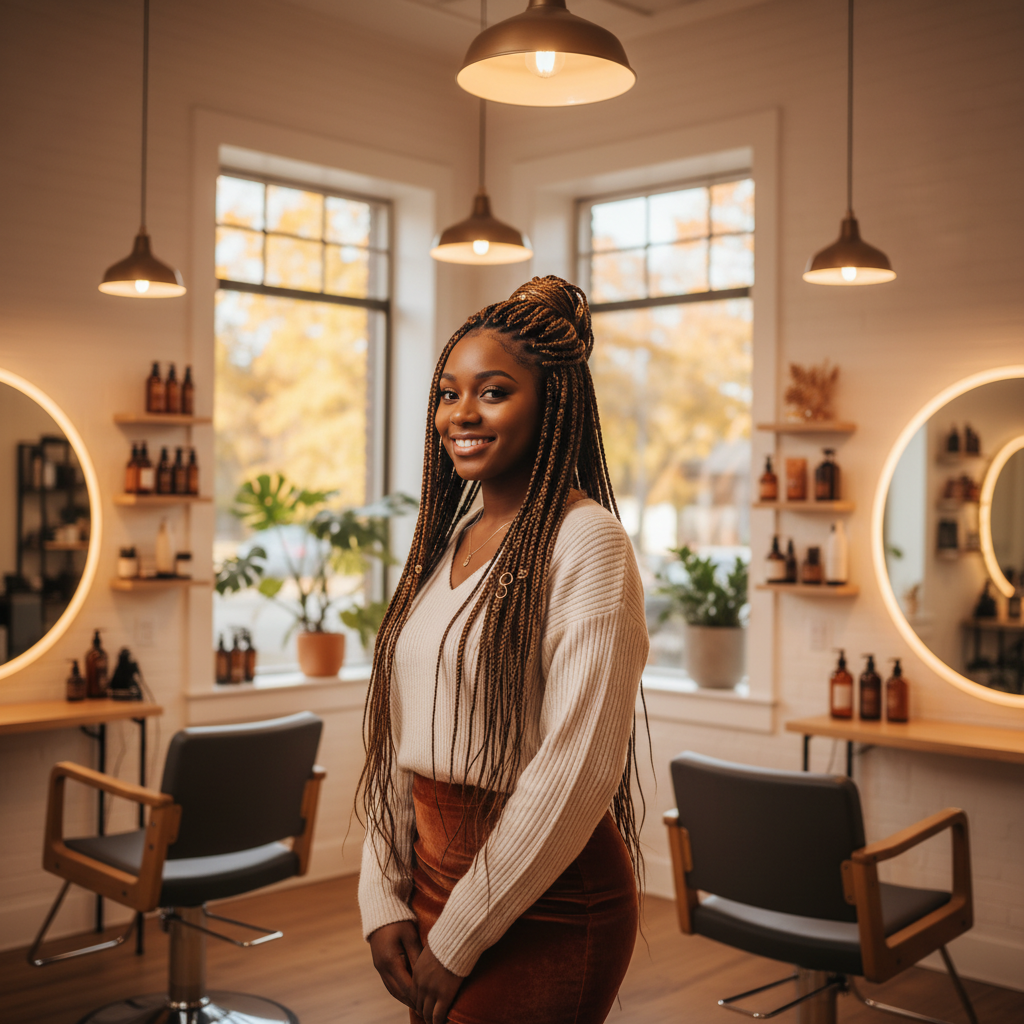 Femme noire avec de belles tresses africaines ornées d'accessoires dorés dans un salon de coiffure