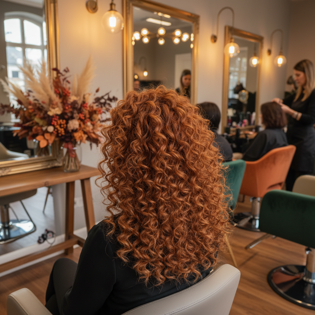 Femme avec des boucles naturelles bien définies et volumineuses dans un salon de coiffure