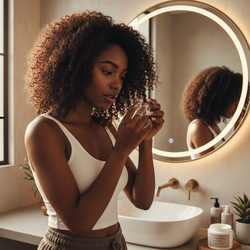 Femme noire appliquant un produit hydratant sur ses cheveux crépus naturels devant un miroir
