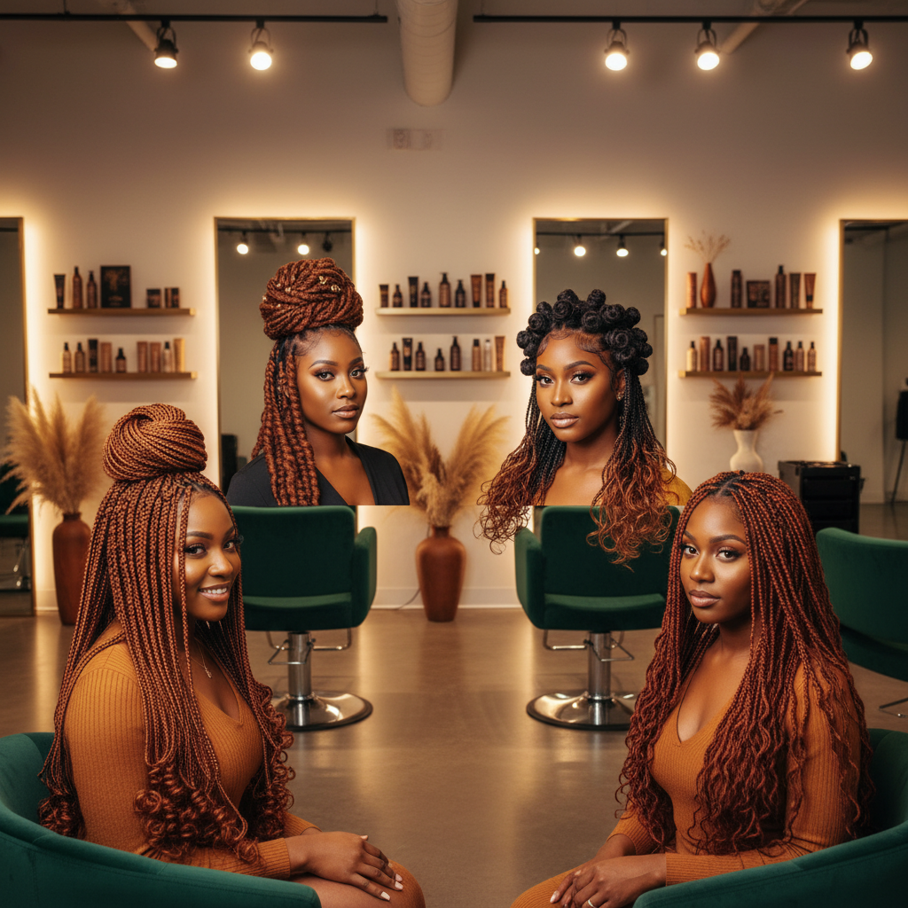 Différentes coiffures protectrices comme des tresses, vanilles et bantu knots pour cheveux afro
