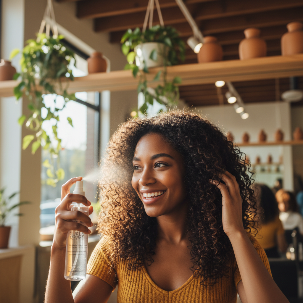 Jeune femme appliquant un spray hydratant sur ses cheveux bouclés naturels dans un salon de coiffure