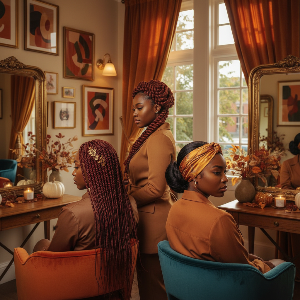 Présentation de différentes coiffures protectrices adaptées à la saison froide dans un salon de coiffure