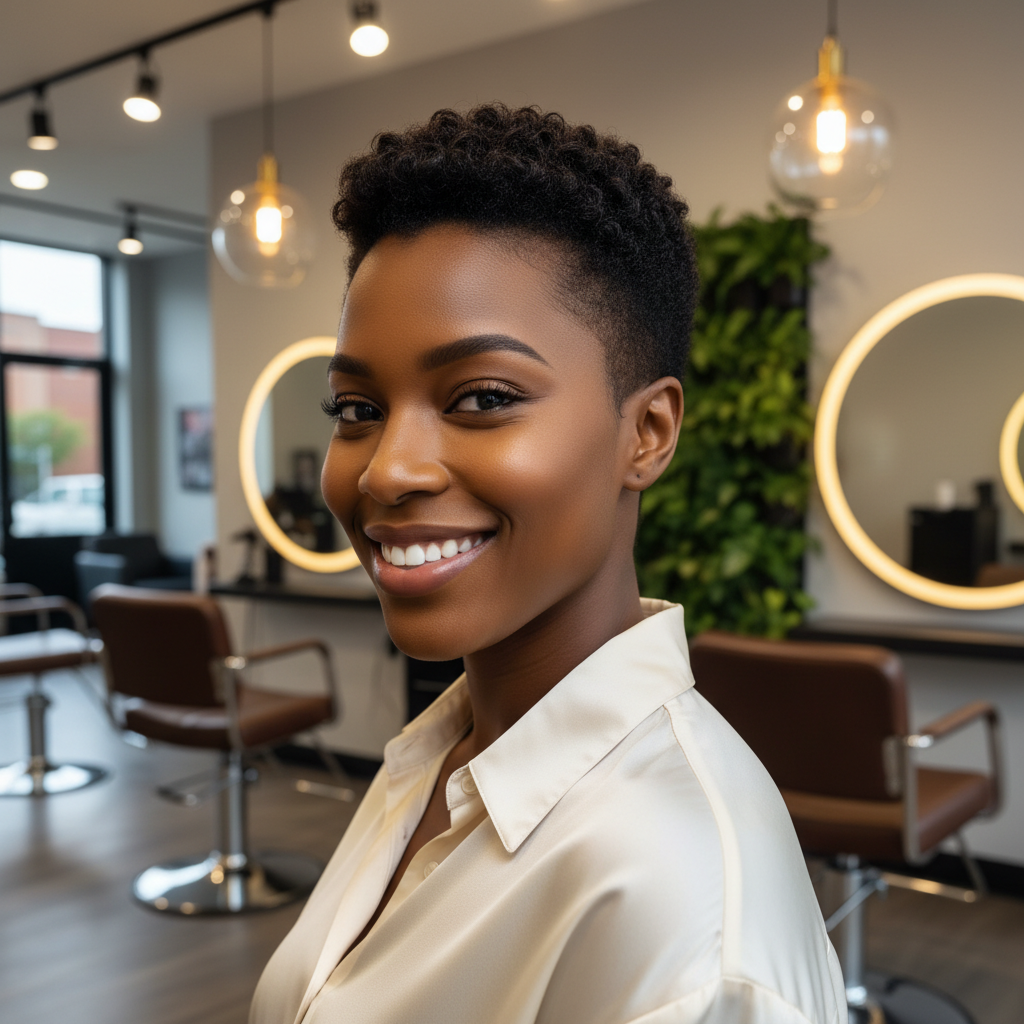 Femme avec une coupe pixie moderne sur cheveux texturés dans un salon de coiffure professionnel