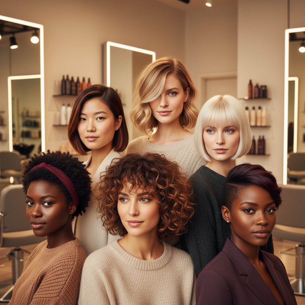 Plusieurs femmes avec différentes coupes courtes modernes dans un salon de coiffure