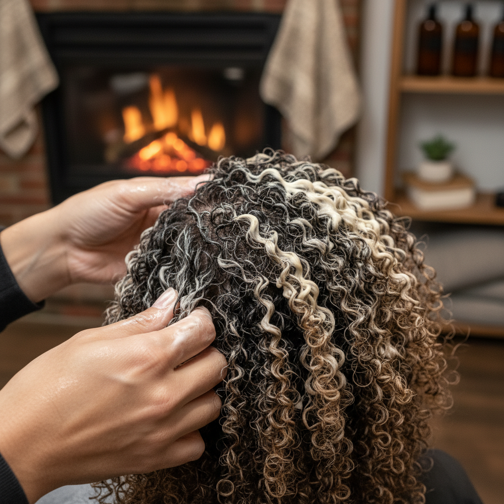 Coiffeuse appliquant un masque nourrissant sur des cheveux bouclés afro dans un salon professionnel