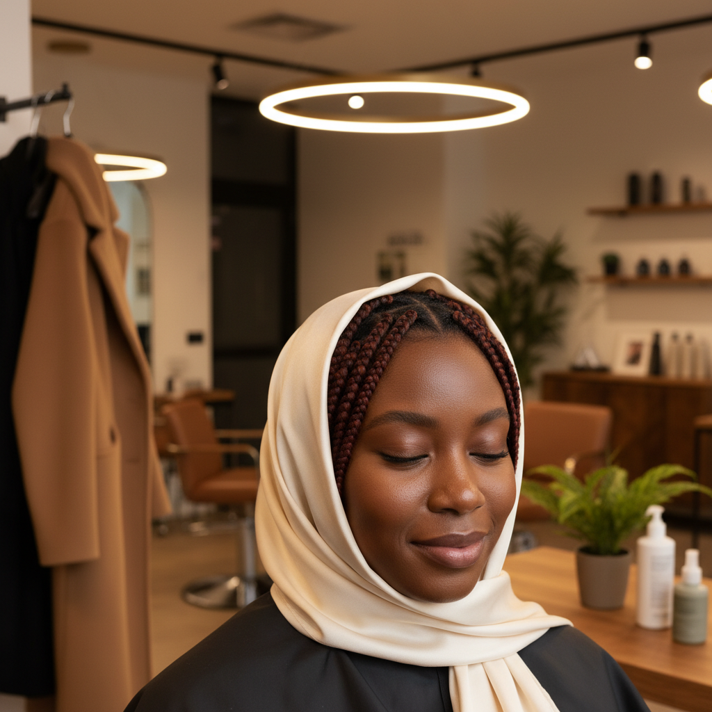 Femme aux cheveux afro portant un foulard en soie pour protéger ses cheveux du froid hivernal