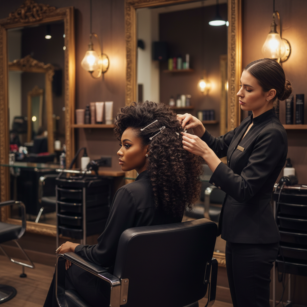 Femme aux cheveux bouclés volumineux style années 60 avec accessoires perles dans un salon de coiffure professionnel