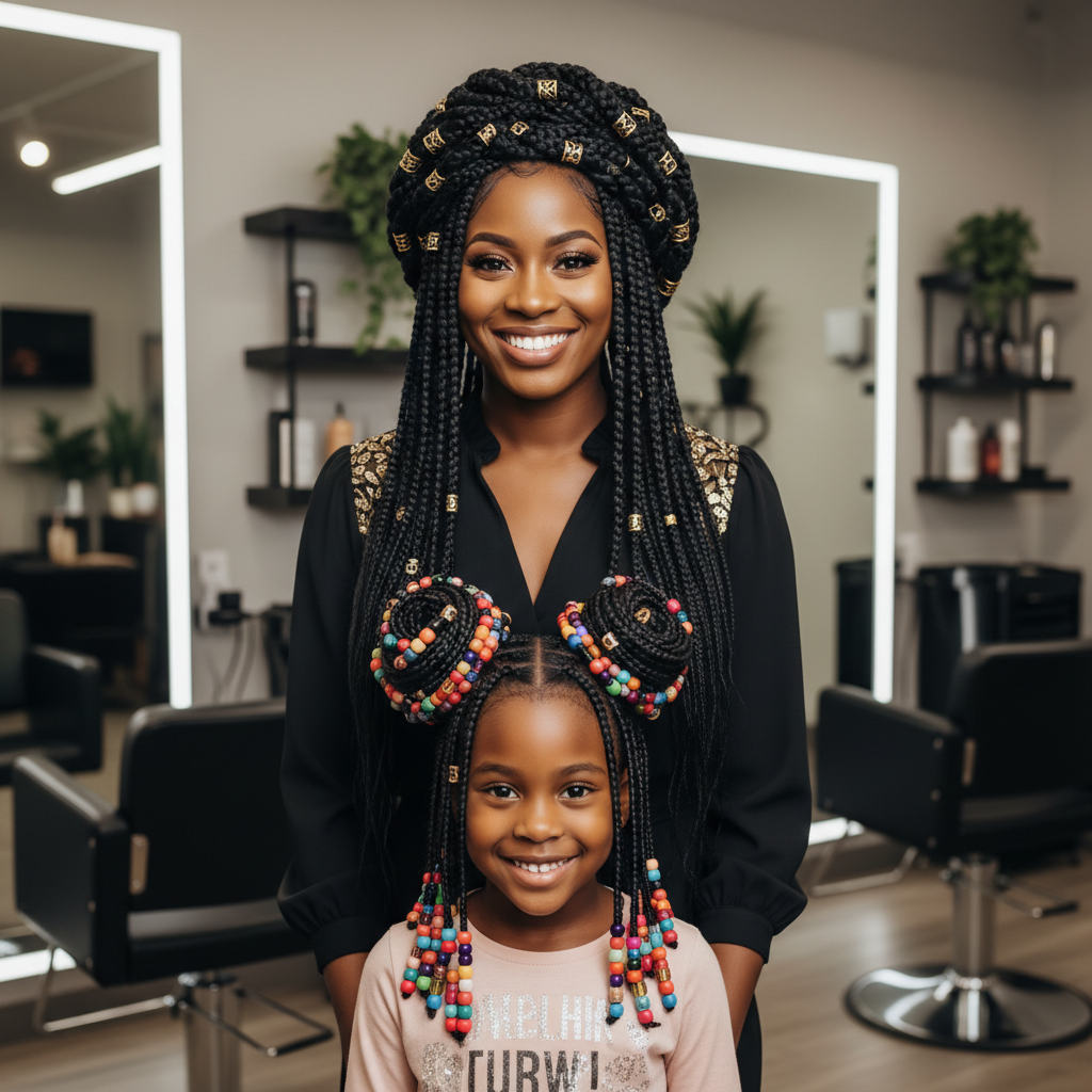 Mère et fille avec des coiffures protectrices tressées ornées d'accessoires dans un salon de coiffure moderne