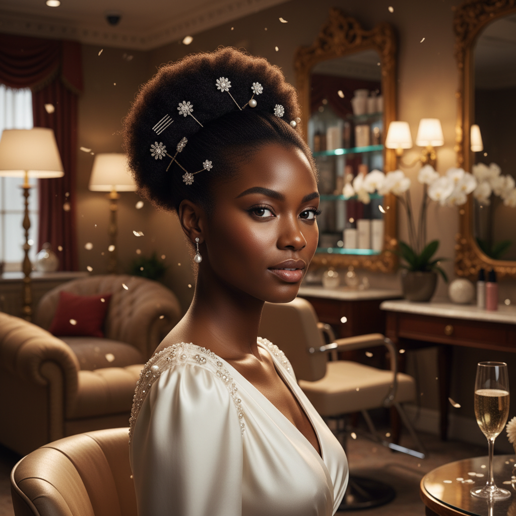 Femme avec cheveux afro coiffés en chignon haut sophistiqué orné d'accessoires brillants