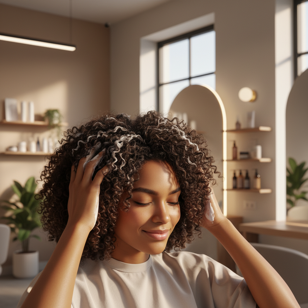 Femme noire appliquant délicatement un soin hydratant sur ses cheveux crépus naturels dans un salon de coiffure
