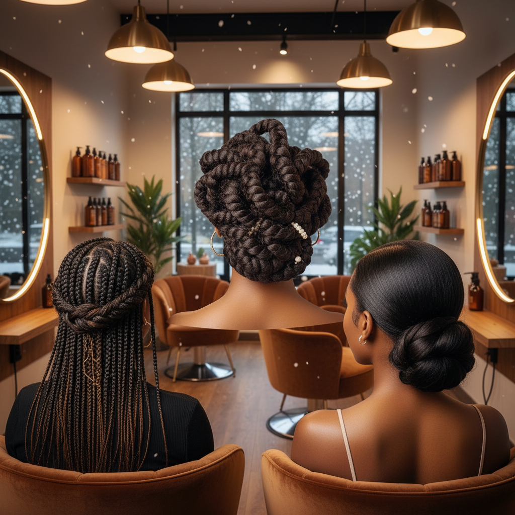 Différentes coiffures protectrices afro élégantes adaptées à la saison hivernale dans un salon de coiffure chaleureux