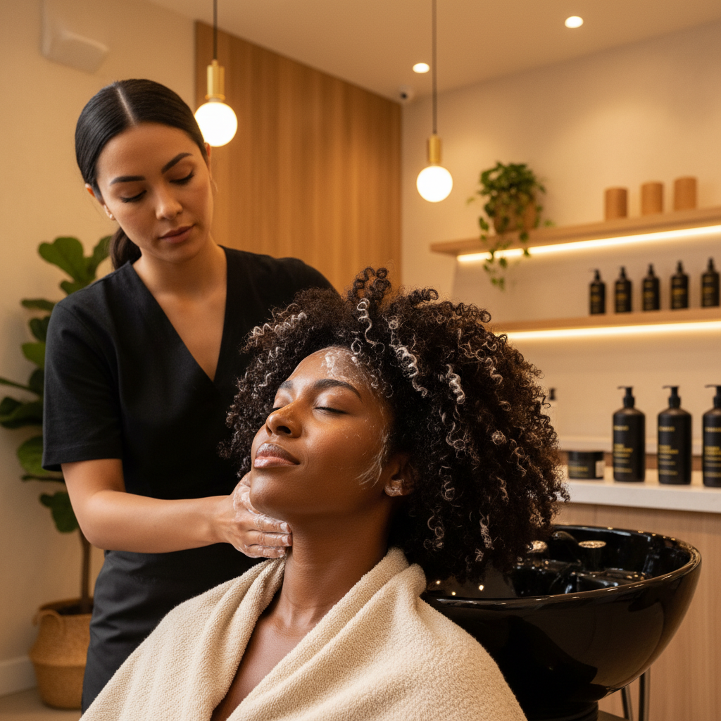 Femme aux cheveux texturés recevant un soin protéiné en salon de coiffure